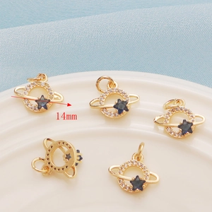 14K gold plated planet charms with blue star stone and white cubic zirconia for DIY jewelry