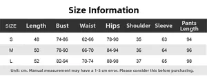 Detailed size chart with measurements for the sports jacket and pants yoga set