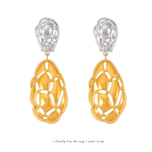 Vintage Irregular Hollow Oval Drop Earrings Two-Tone Gold Silver Plated Titanium Steel Mesh Earrings For Women Personalized Jewelry