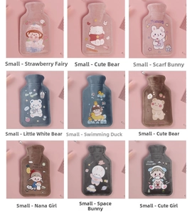 Detail showcasing nine cartoon plush hot water bottles in small size and varied colors