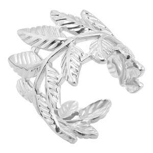 Detailed close-up of adjustable leaf ring showing hollowed-out silver foliage textures