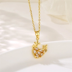 Golden micro-pave zircon deer pendant necklace for women on a clean white background