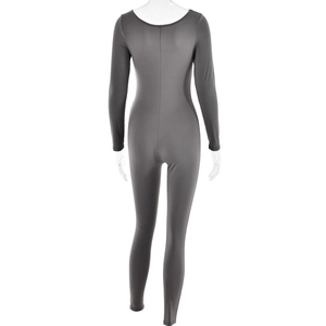 Back view of a grey long sleeve slim fit bodysuit with a deep U-neck and solid color