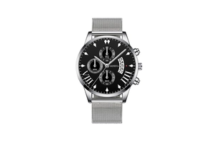 Detailed close-up of Geneva men's watch with three sub-dials and mesh strap