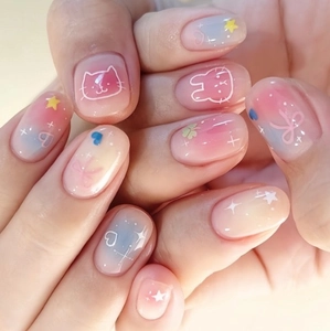 Sweet Cartoon Cat Rabbit Bow Pattern Short Square Press On Nails Pink Blue Gradient Multicolor Glossy Plastic Fake Nails For Women Daily Decor
