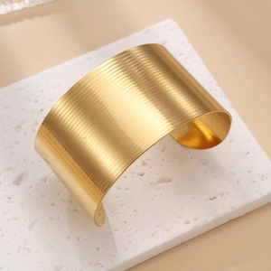Minimalist 18k gold plated stainless steel open cuff bracelet with brushed metal texture