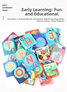Close-up of soft alphabet fabric cards featuring animals like Beaver and Iguana for toddlers