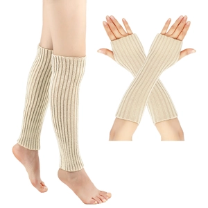 Detailed knit texture of apricot leg warmers and arm sleeves set with ribbed pattern