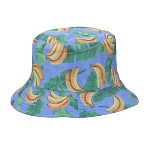 Reversible summer bucket hat with purple banana and tropical leaf print for casual sun protection