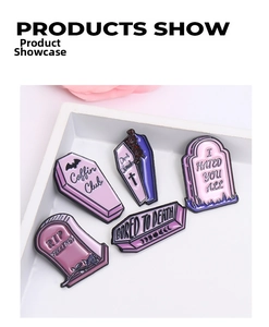 Set of five Gothic enamel pins featuring coffin and gravestone designs in zinc alloy