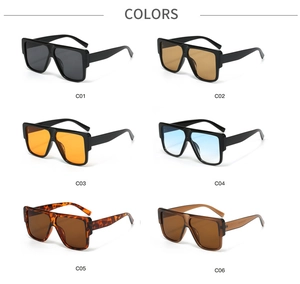 Grid view of square oversized sunglasses in six trendy colors like black and tortoiseshell