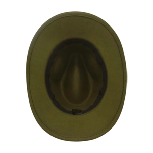 Detailed top view of dark green wool fedora interior showing black sweatband and sizing label