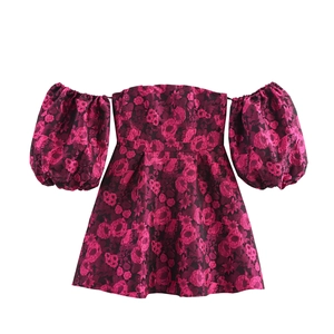 Off-The-Shoulder Puff Sleeve Mini Dress Floral Jacquard A-Line High Waist Sweet Style For Women