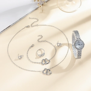 Elegant silver quartz watch set for women with rhinestone double heart jewelry pieces
