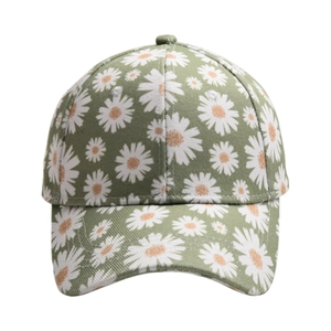 Women's baseball cap with fresh green daisy floral print and curved brim for sun protection