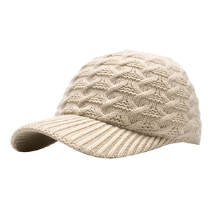 Beige chunky cable knit baseball cap with warm fleece texture for women's winter fashion