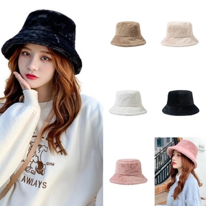 Plush faux rabbit fur bucket hat for women available in multiple solid colors for winter