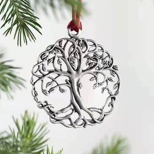 Silver Tree of Life metal Christmas tree ornament with red hanging cord for holiday decor
