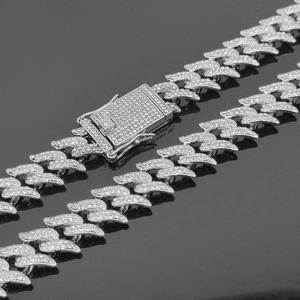 Silver 16mm iced out Cuban link chain necklace with thorn design and rectangle clasp