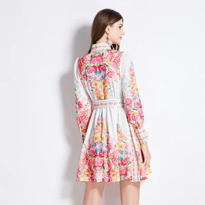 Vintage floral maxi dress with high neck lantern sleeves and waist-slimming fit