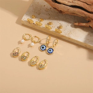 14K gold plated evil eye and heart lock earrings set with pearls and zircons
