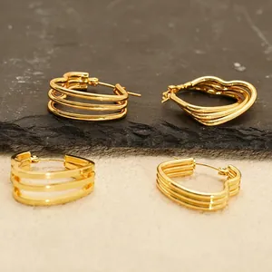 Boucles D'oreilles Créoles Coeur Plaqué Or 18K Acier Inoxydable Étagé Creux Géométrique Bijoux Pour Femmes