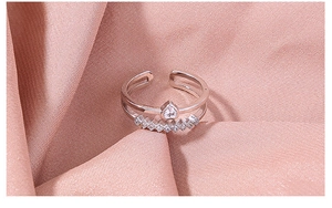 Macro shot of double-layer adjustable heart ring with micro-pave cubic zirconia stones
