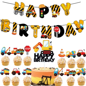 Construction Excavator Birthday Party Decorations Paper Banner Cake Toppers Glasses Engineering Vehicle Theme For Kids Boy