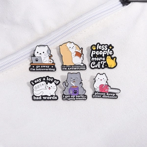 Set of 6 cute cat enamel pins with humorous slogans for jackets and canvas bags