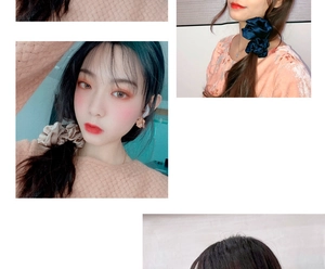 Detailed views of silk-like blue and champagne scrunchies on a model hair bun
