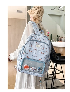 Detail of light blue backpack with cartoon dachshund print and transparent mesh pocket