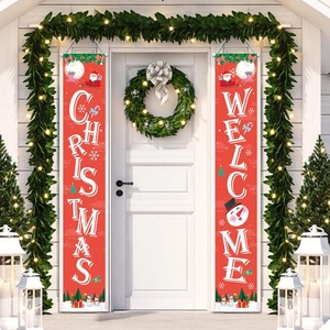 Christmas Welcome Porch Banner Pongee Polyester Waterproof Outdoor Front Door Holiday Decor Buffalo Plaid Santa Snowman