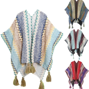 Knitted Shawl Poncho For Women Zigzag Wave Pattern With Tassels Bohemian Ethnic Style Oversized Travel Wrap