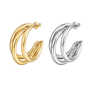 Three-layer gold and silver C-shaped titanium steel hoop earrings with a polished finish