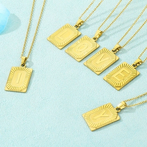 18k gold plated stainless steel rectangle pendant necklaces with alphabet engraving