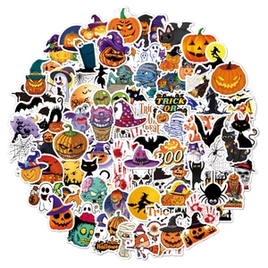 Stack of waterproof PVC Halloween stickers with pumpkins, ghosts and witches icons
