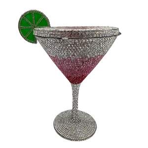 Detailed view of the rhinestone-studded martini glass clutch with pink gradient finish
