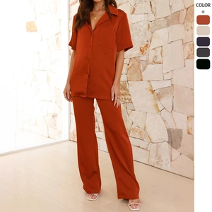 Satin Satin Pajamas Women Short Sleeve Top And Long Pants Loungewear Sleepwear Lapel Button Down Solid Casual Homewear