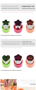 Detail showing 3-piece stainless steel cookie cutters with PP hand guards for fruit and dough