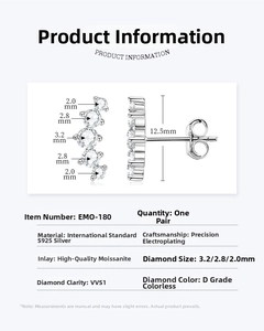 Detailed size and specs for S925 sterling silver moissanite curved 5-stone stud earrings