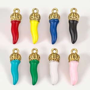 Set of eight colorful enamel chili pendants with gold crowns for DIY jewelry making