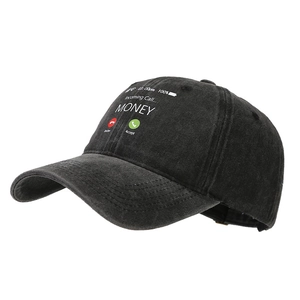 Faded black cotton baseball cap featuring creative incoming call money graphic