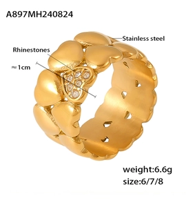 Detail view of gold stainless steel heart ring with rhinestones and 1cm width measurement