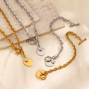 Collier Et Bracelet Avec Pendentif En Cœur En Acier Inoxydable Avec Fermoir OT Pour Femme Bijoux De Mode Hip Hop Incrustés De Strass