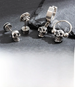 Detailed view of punk silver skull earrings in titanium steel with 1.2x6mm sizing