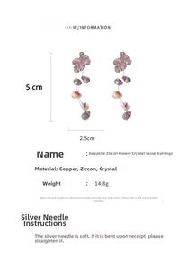 Specifiche dettagliate degli orecchini a fiore viola con nappe di zirconi e misura 5cm