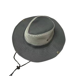 Dark grey wide brim outdoor sun hat with breathable mesh crown and adjustable wind cord
