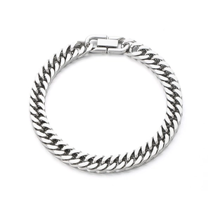 Polished silver stainless steel double curb link bracelet with a rectangular press clasp