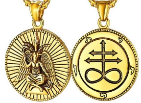 Detailed close-up of golden Baphomet and Leviathan Cross pendants in stainless steel