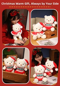 Detail of Christmas teddy bears wearing red Santa hats and knitted holiday sweaters